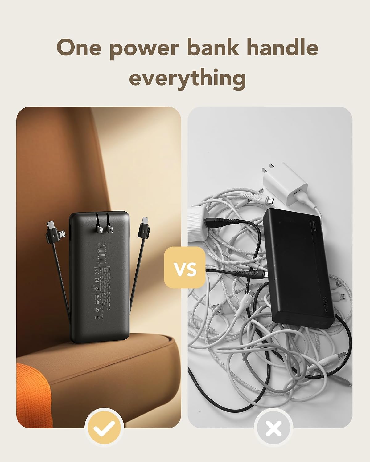 Detalle de charmast 20,000mAh Portable Charger with Built-In Cables and AC Plug