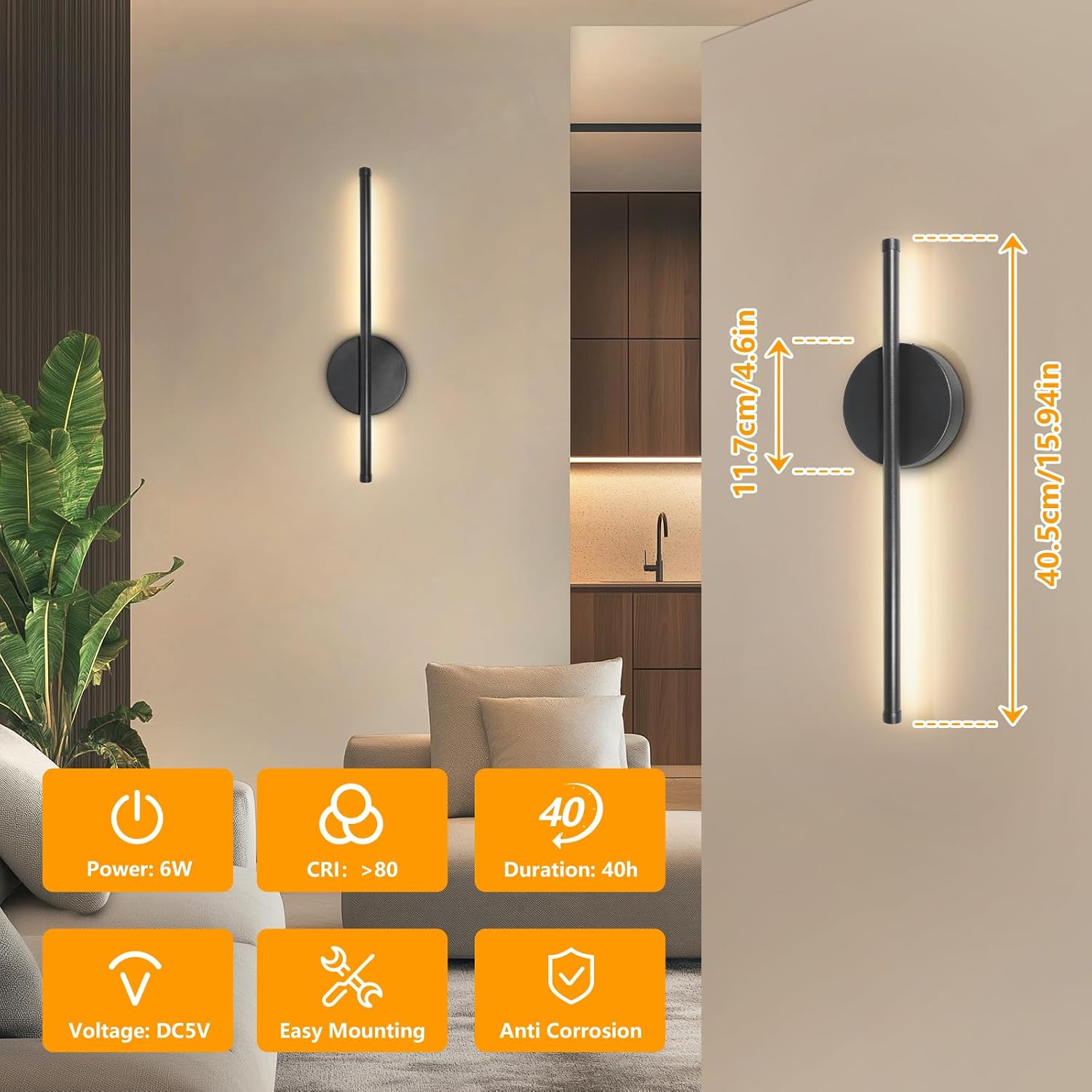 Thumbnail 3 de Dehobo Rechargeable Wall Lights (2 Pack) – Battery Operated, 3 Colour Temperature, Dimmable LED Wall Sconce with Remote, Black 40cm