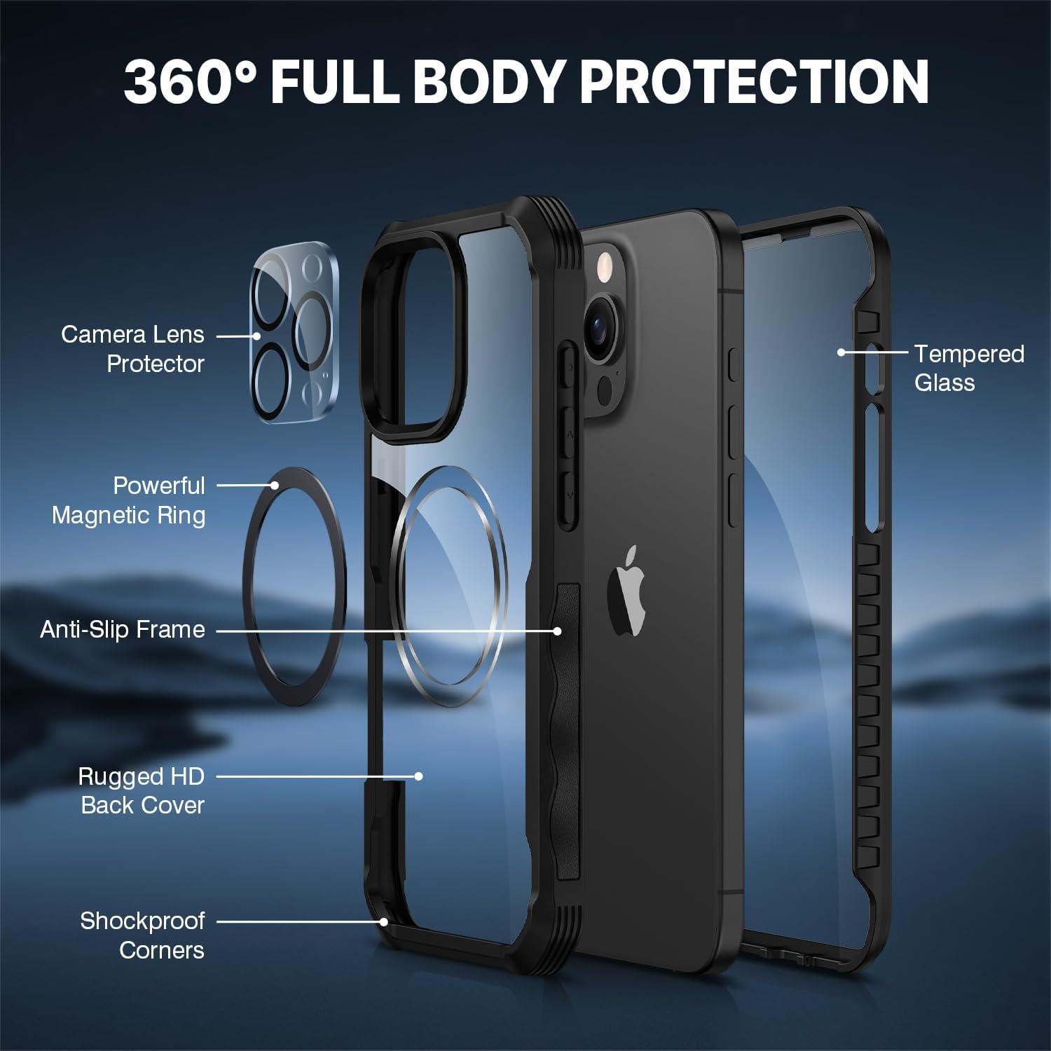 Thumbnail 1 de CENHUFO iPhone 16 Pro Max case with built-in 9H glass screen protector and camera lens protector (Magsafe compatible) – Black