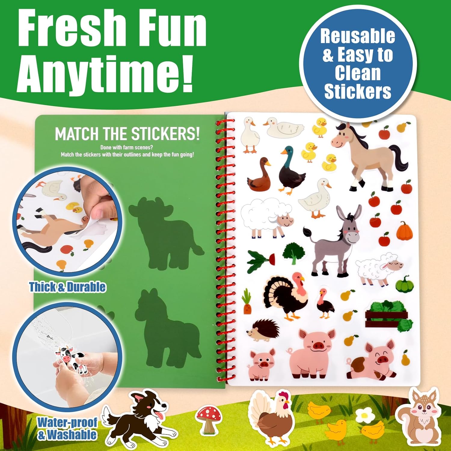 Detalle 2 de Cosomia Farm Jelly Sticker Book for Kids 3–5, 70 Washable Reusable Stickers