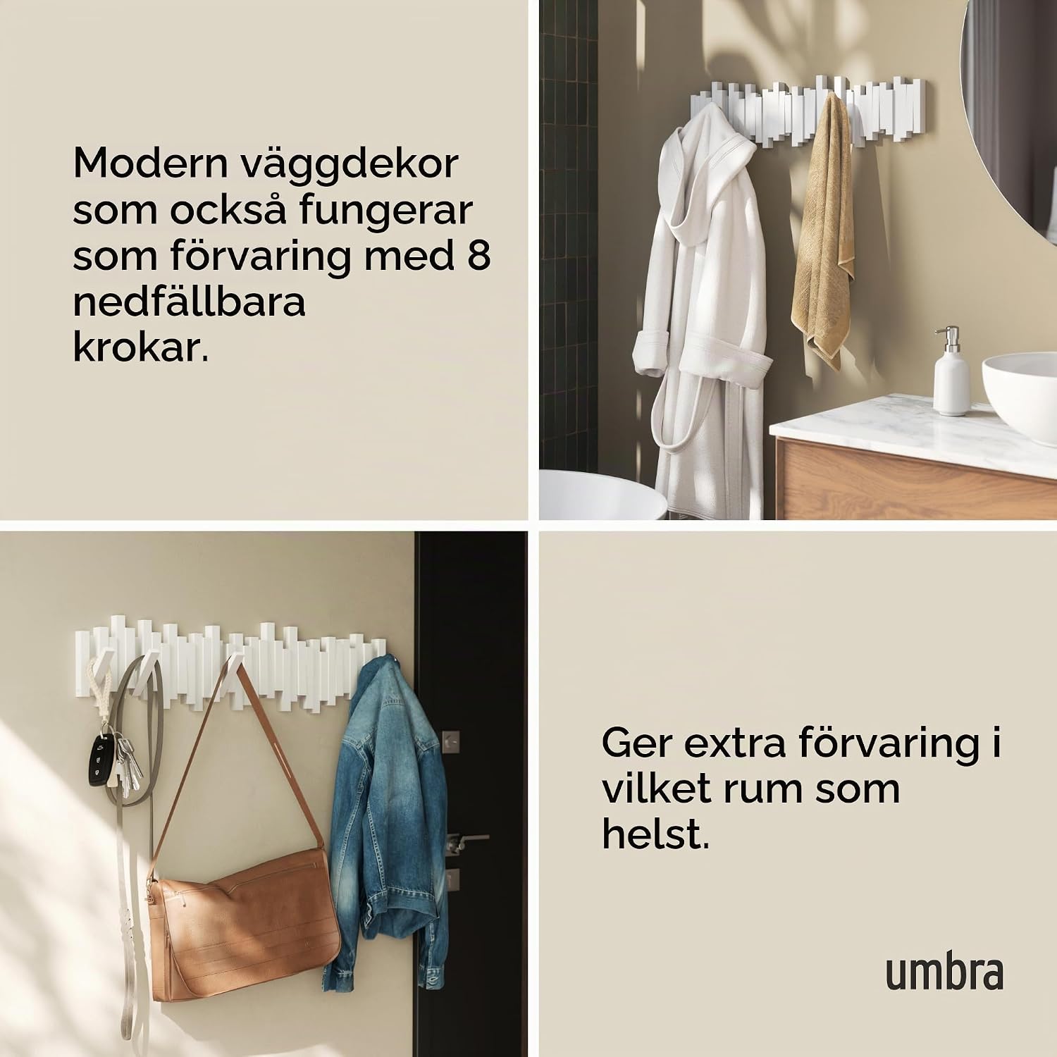 Detalle 2 de Umbra Sticks väggmonterad klädhängare med 8 infällbara krokar, vit