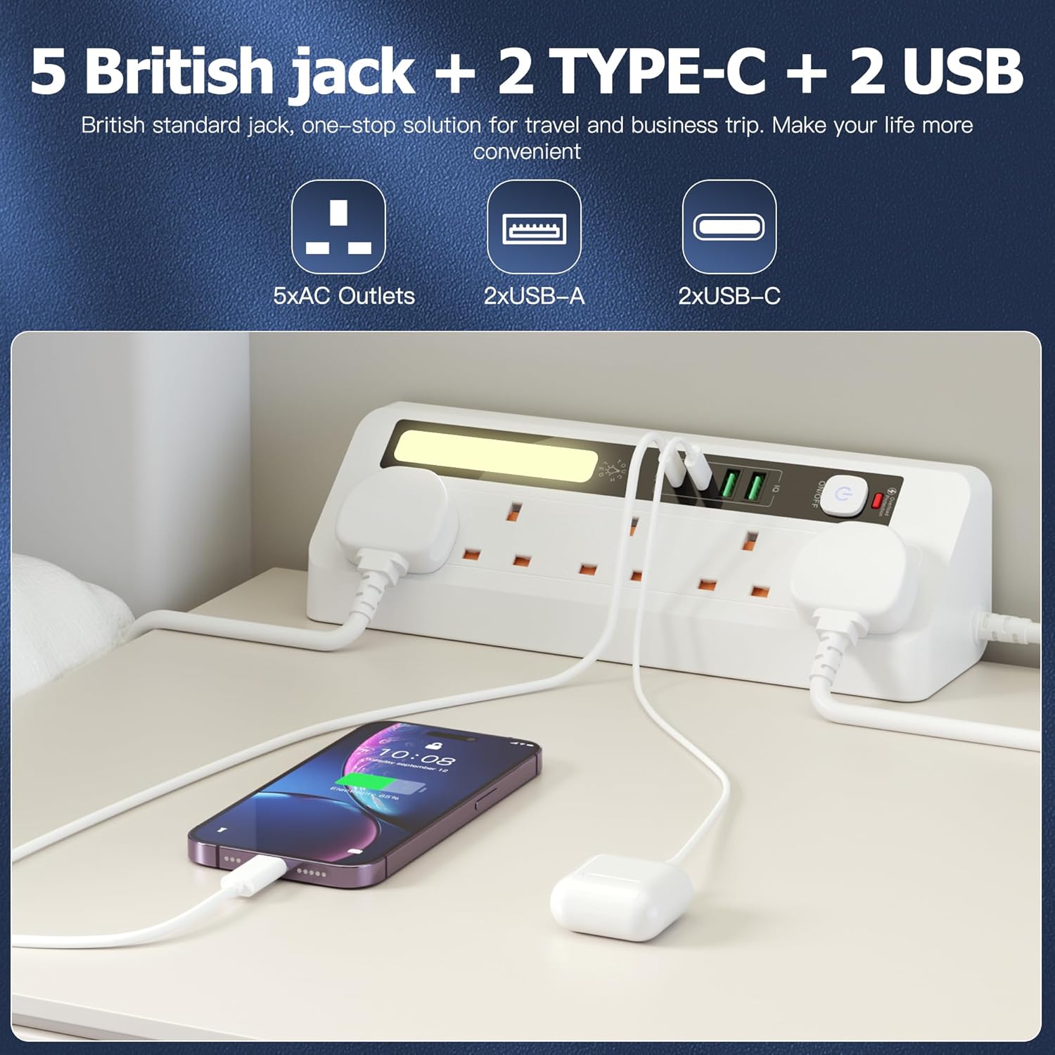 Thumbnail 5 de AUNNO Extension Lead with USB Slots (5 Ways) – 2 USB-A, 2 USB-C, 1.8m, Surge Protected with Night Light
