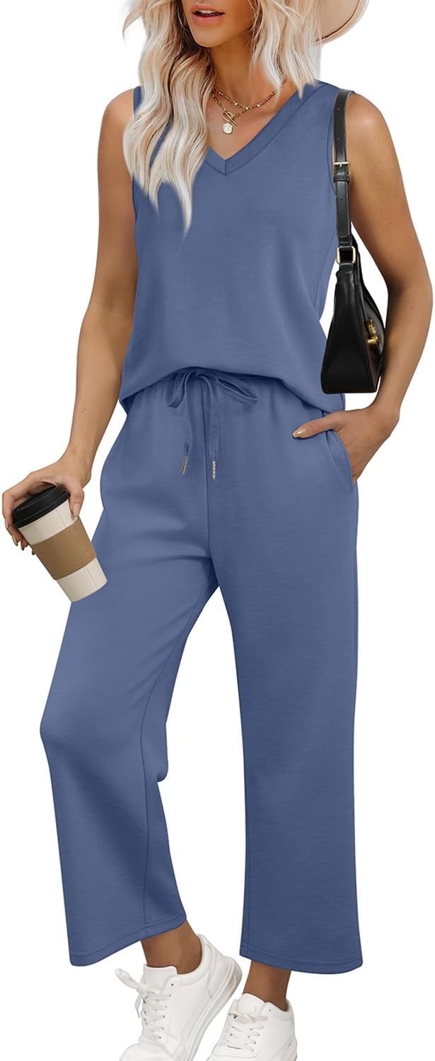 Detalle de WIHOLL Two Piece Set for Women: Summer Lounge Set with V Neck Top and Wide-Leg Cropped Pants