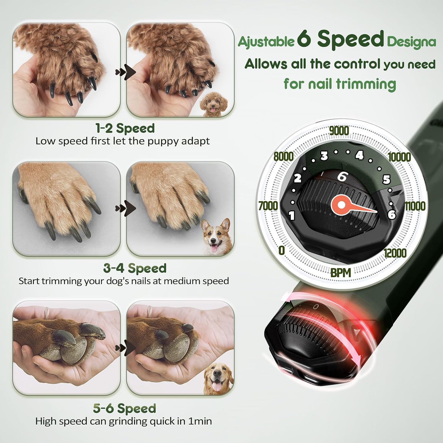 Detalle 2 de Gimars Lime à Ongles pour Chien Réglable 6 Vitesses avec Double LED et Recharge USB