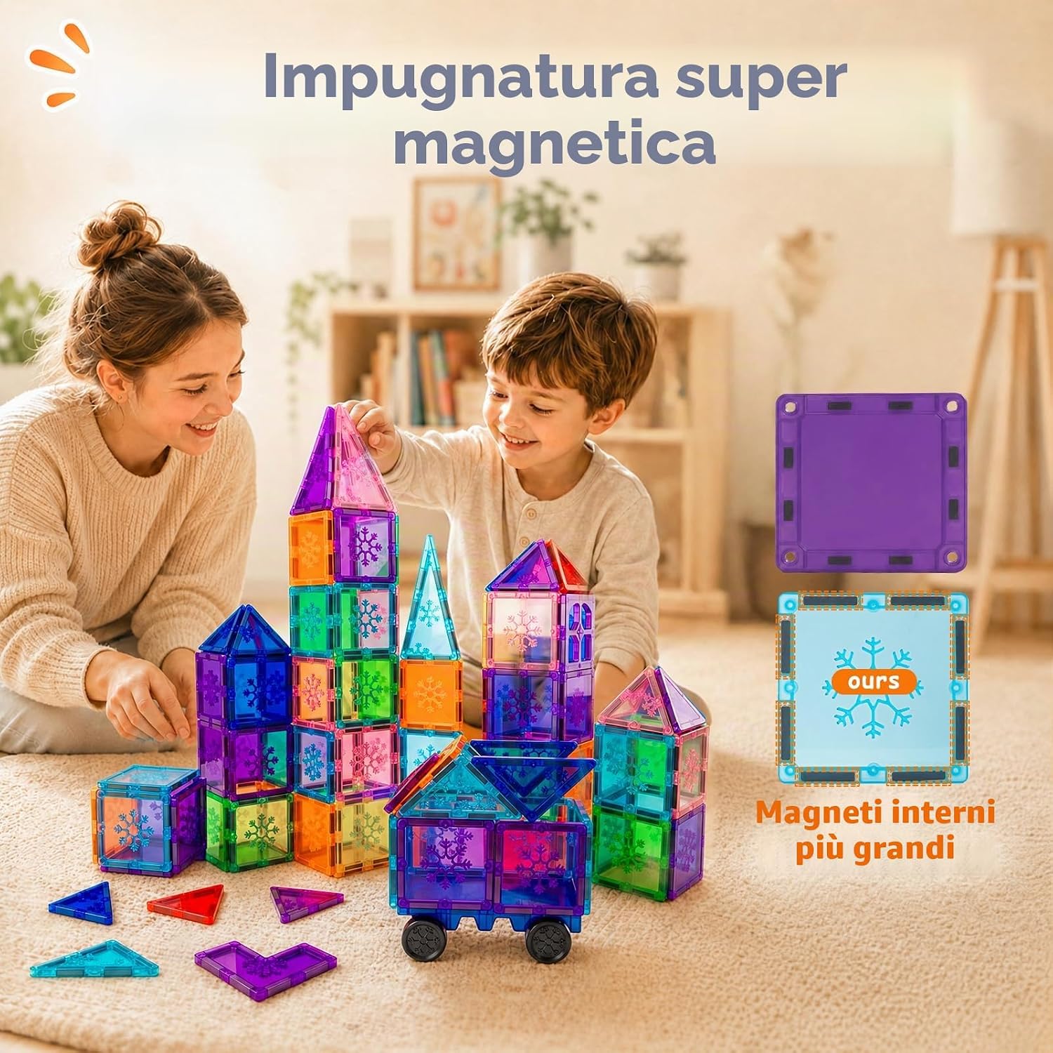 Detalle 2 de Xekel Costruzioni Magnetiche per Bambini 100 Pezzi – Set Educativo in ABS con Basi per Veicoli