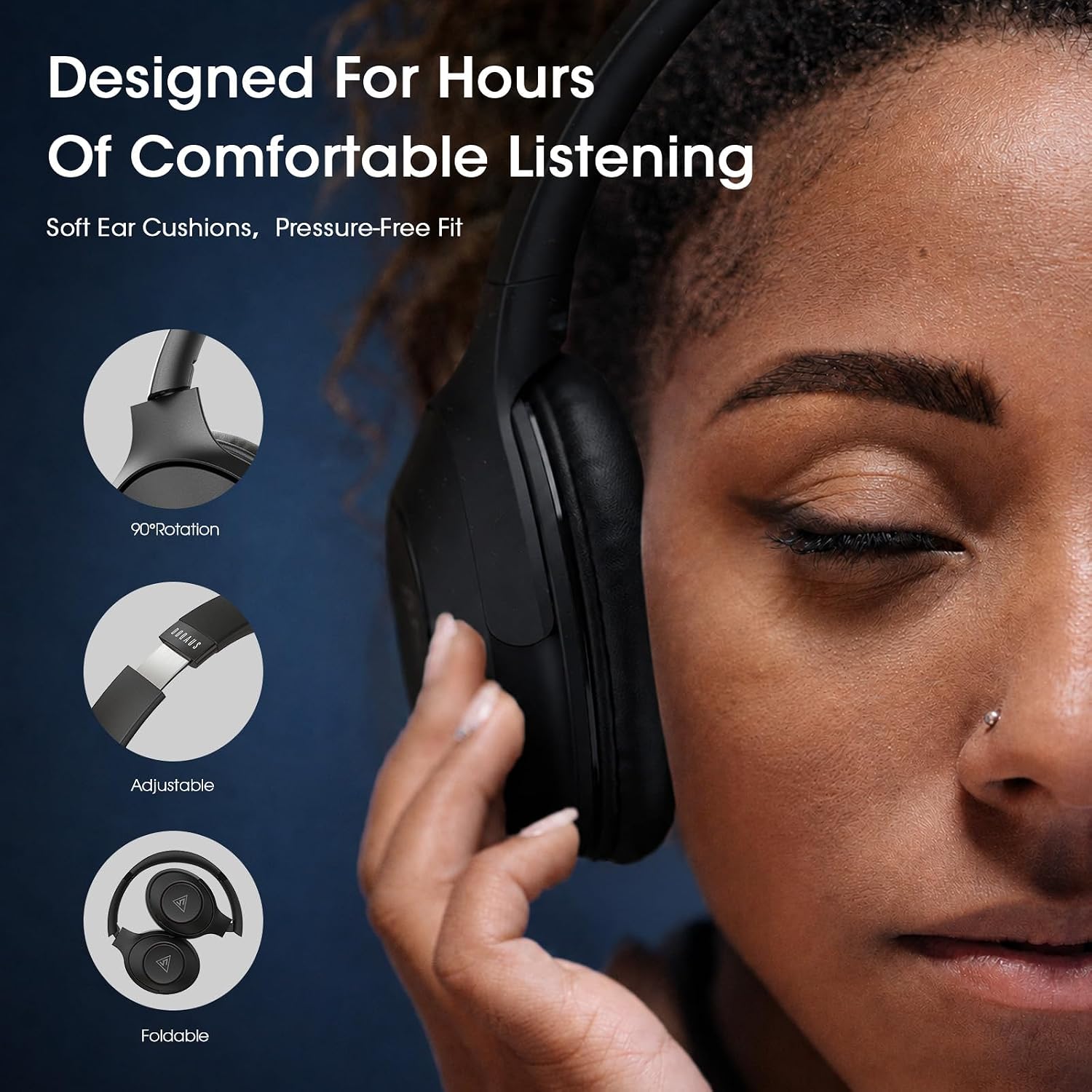 Thumbnail 3 de DOQAUS Life5 Wireless Over-Ear Headphones — 70h Playtime, BT 5.3, 3 EQ Modes, Foldable with Microphone (Black)