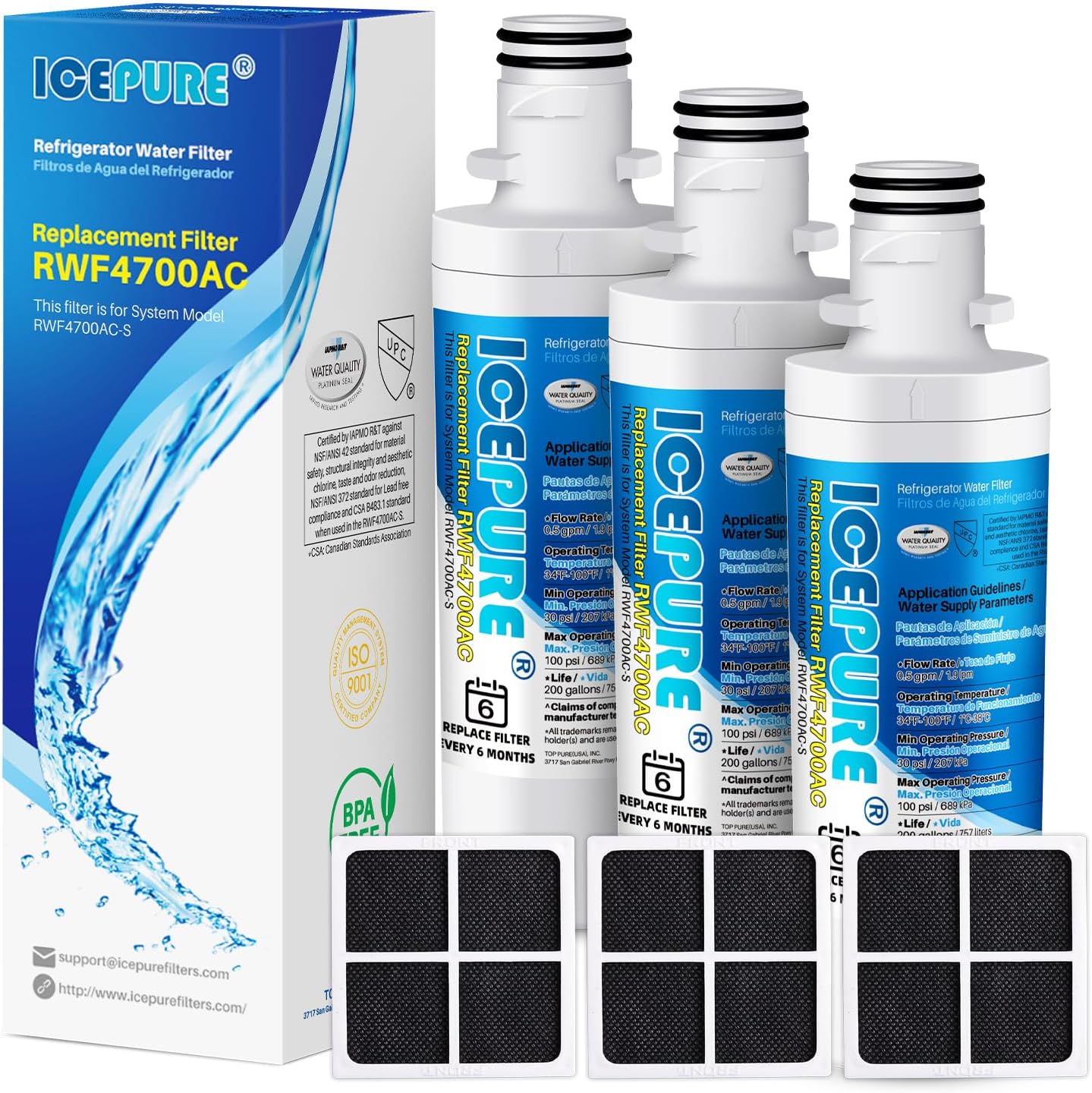 Detalle de ICEPURE RWF4700AC koelkastwater- en luchtfilter met actieve kool, 3 stuks