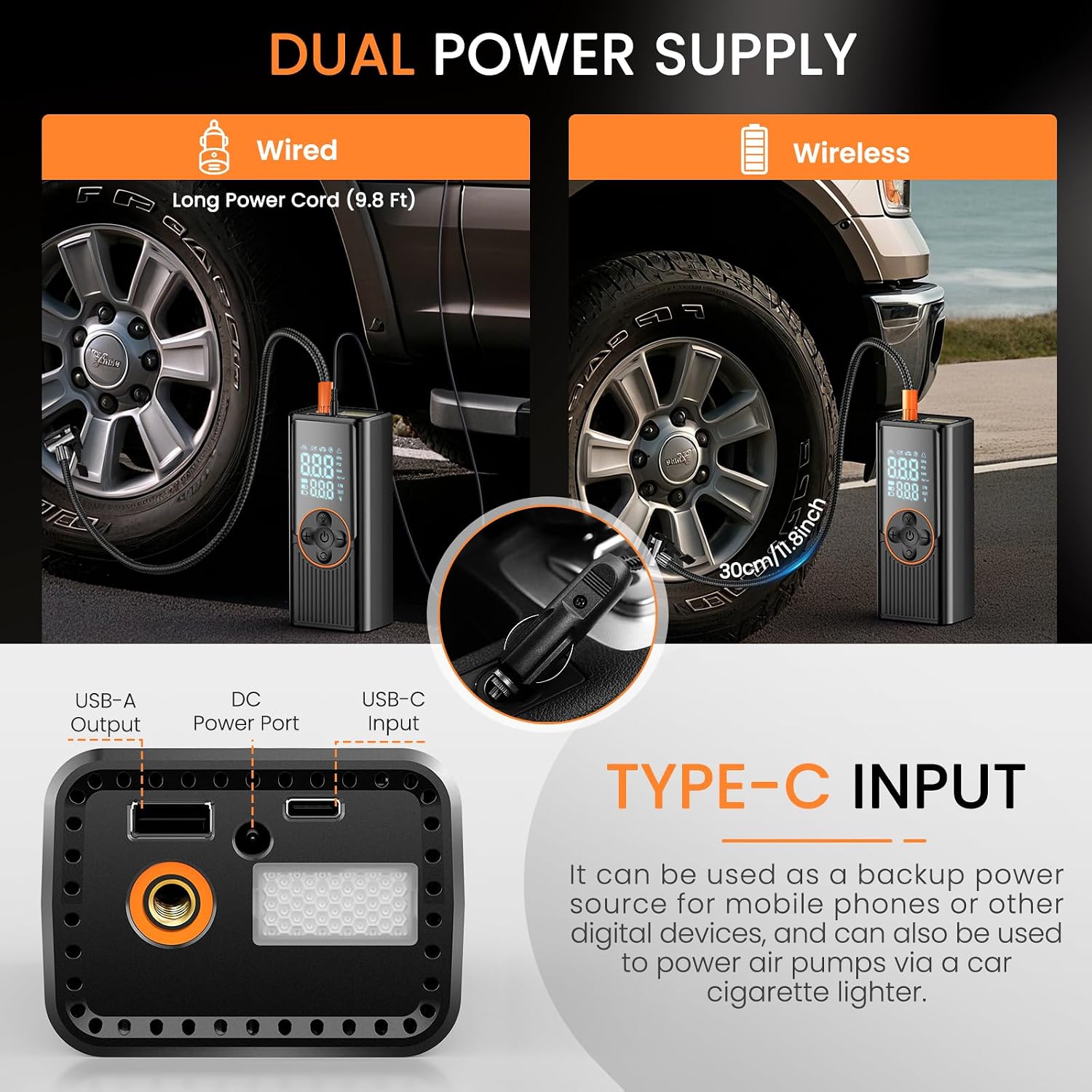 Thumbnail 4 de Tyre Inflator Air Compressor 8000mAh — 150 PSI Rechargeable Car Tyre Pump with Digital Display, LED Light and 4 Nozzles