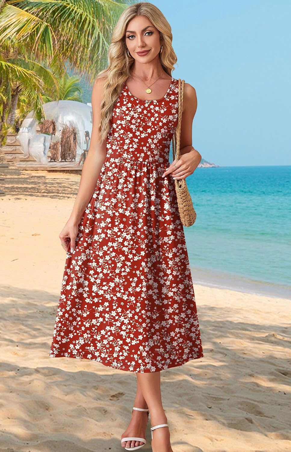 Detalle de WIHOLL Women’s Flowey Casual Midi Dress with Pockets for Beach Vacation & Everyday Wear