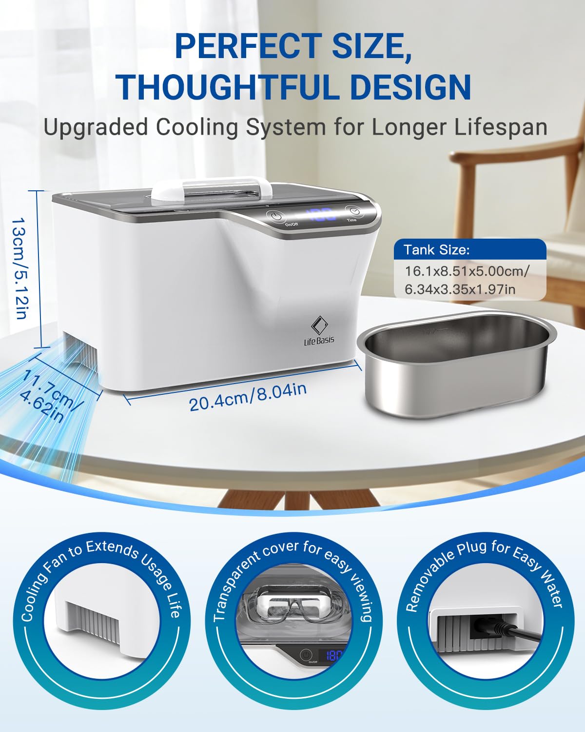 Detalle de LifeBasis Ultraschallreinigungsgerät 600 ml (CDS-100) – digitaler Brillenreiniger mit 5 Modi & LED-Timer, 50 W