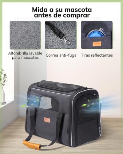 Detalle de Morpilot Transportín Perro Gato, bolsa transporte transpirable 44×31×34 cm para mascotas (negro) + tazón plegable y cojín suave