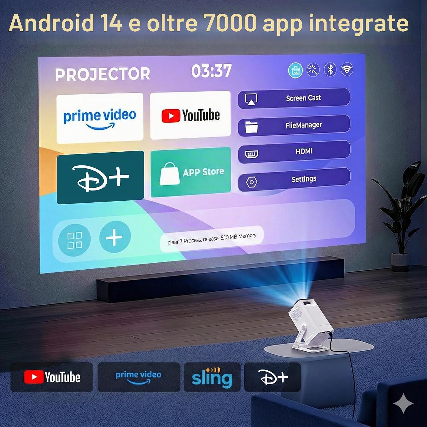 Thumbnail 1 de [App Integrate & Android 14] Mini Proiettore Lyncast con WiFi 6, 5G e Bluetooth 5.4