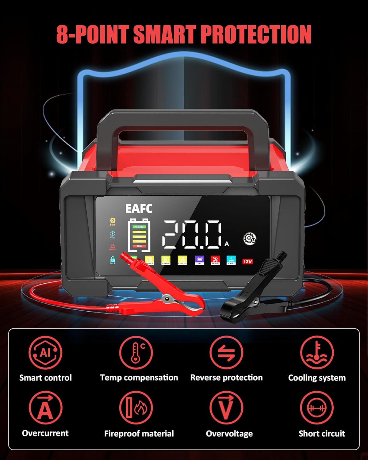 Detalle de EAFC 20Amp 12V/24V Smart Car Battery Charger & Maintainer with LCD Display