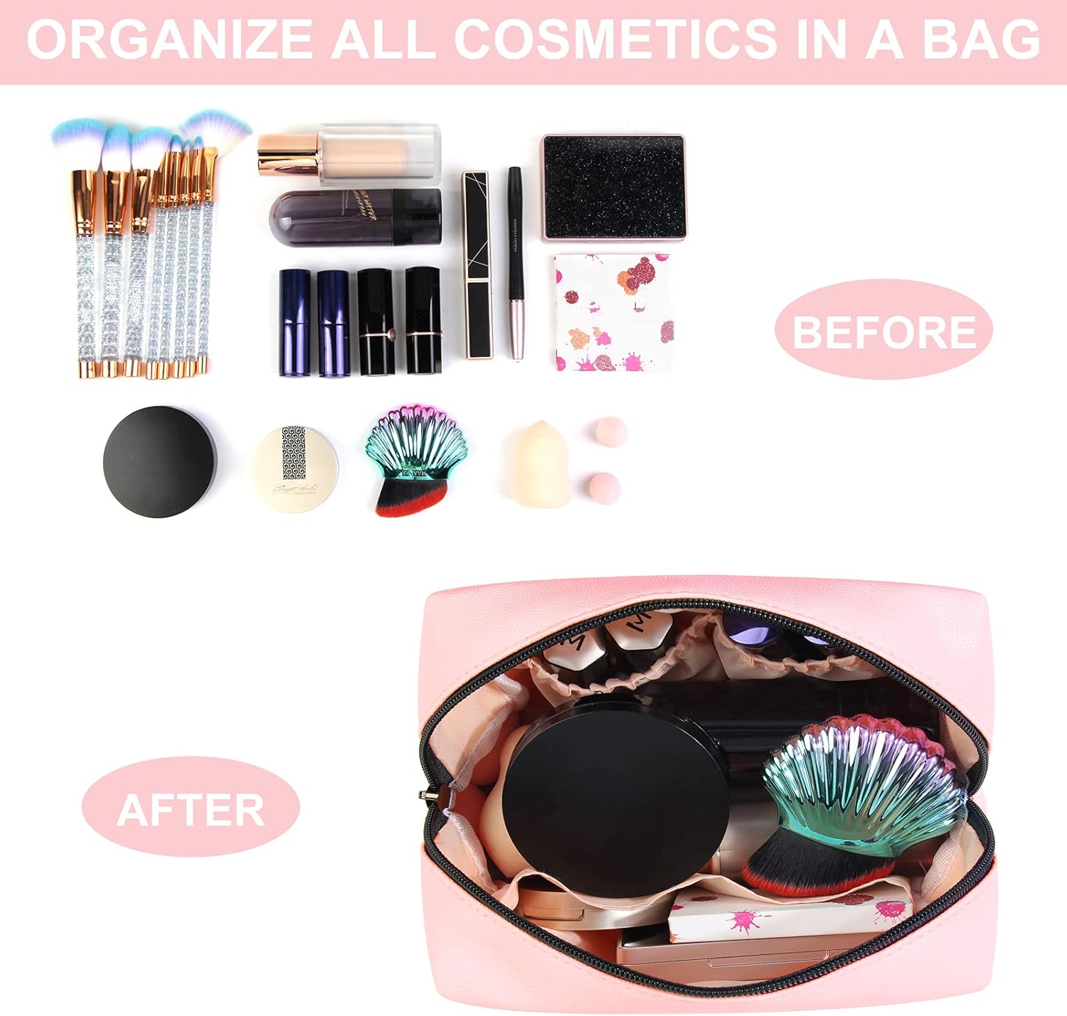 Detalle de MAANGE 2-Piece Small Makeup Bag Set | PU Leather Travel Cosmetic Bags in Pink & Blue