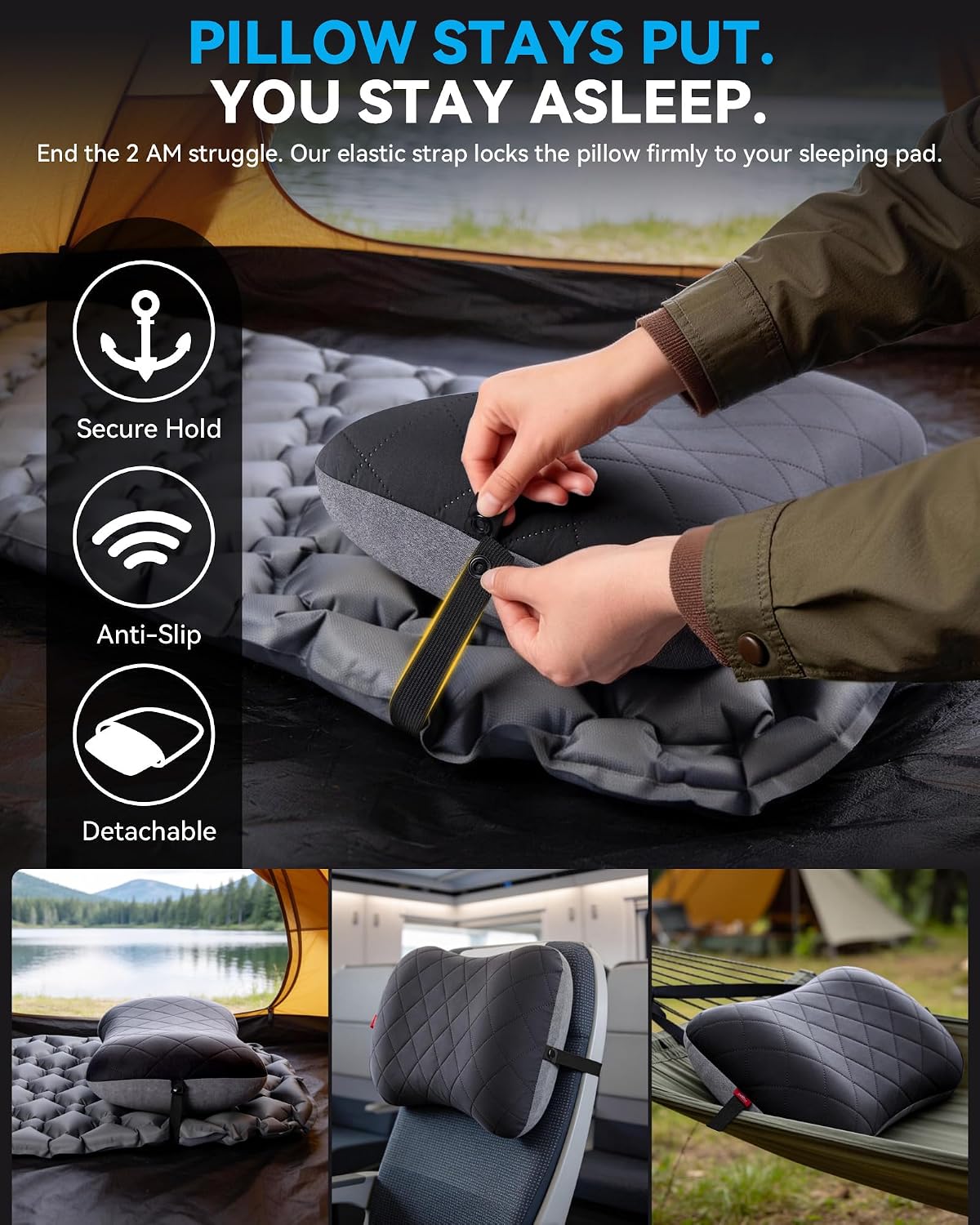 Detalle 2 de HIKENTURE aufblasbares Reise-/Camping-Kissen mit abziehbarem Kissenbezug (schwarz) – ergonomisches Nackenkissen fürs Unterwegssein