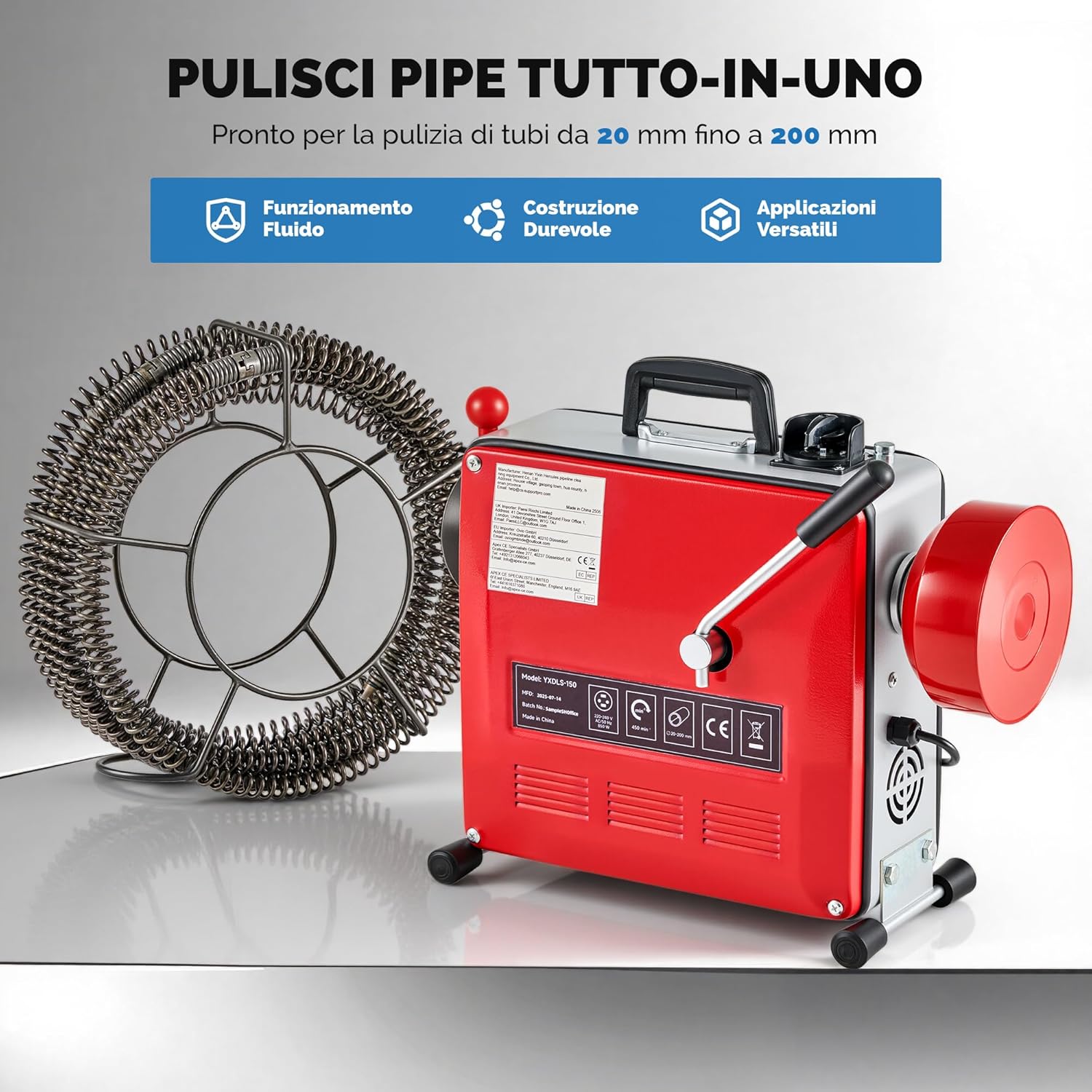 Thumbnail 6 de ZELCAN 850W macchina sturatubi elettrica con coclea 20–200 mm, molla fino a 27 m e 12 testine