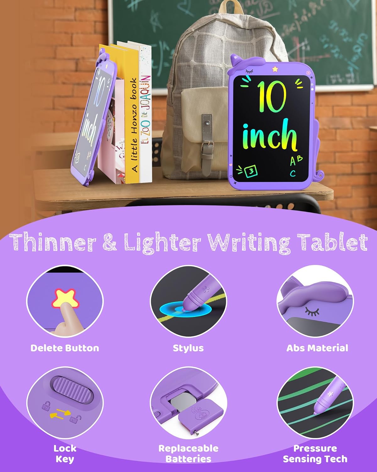 Detalle de ORSEN 10-inch LCD Writing Tablet for Kids – Dinosaur Doodle Board (Purple) for 3–8 Year Olds