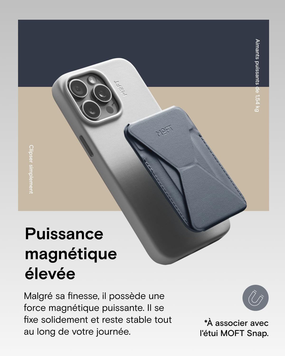 Detalle de MOFT Porte Carte MagSafe pour iPhone 17–12 | Portefeuille et support en cuir végan MOVAS Gris Froid