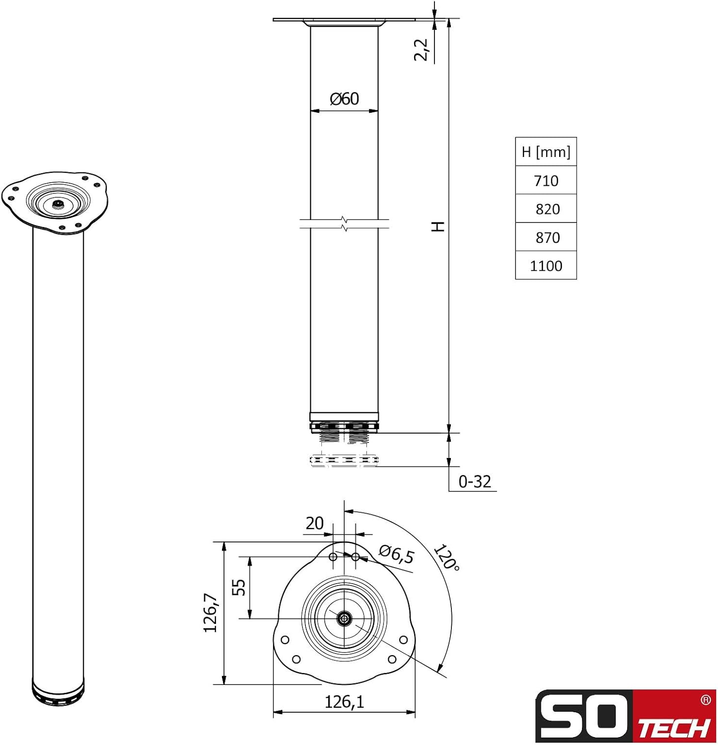 Thumbnail 4 de SOTECH – Set de 4 pieds de table, hauteur 870 mm, Ø60 mm, blanc