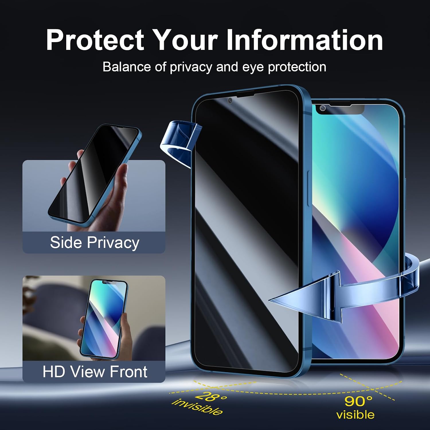 Detalle de NEW’C 3x Privacy Tempered Glass Screen Protector for iPhone 13 (6.1") + 3x Camera Lens Protectors (privacy angle 28°)
