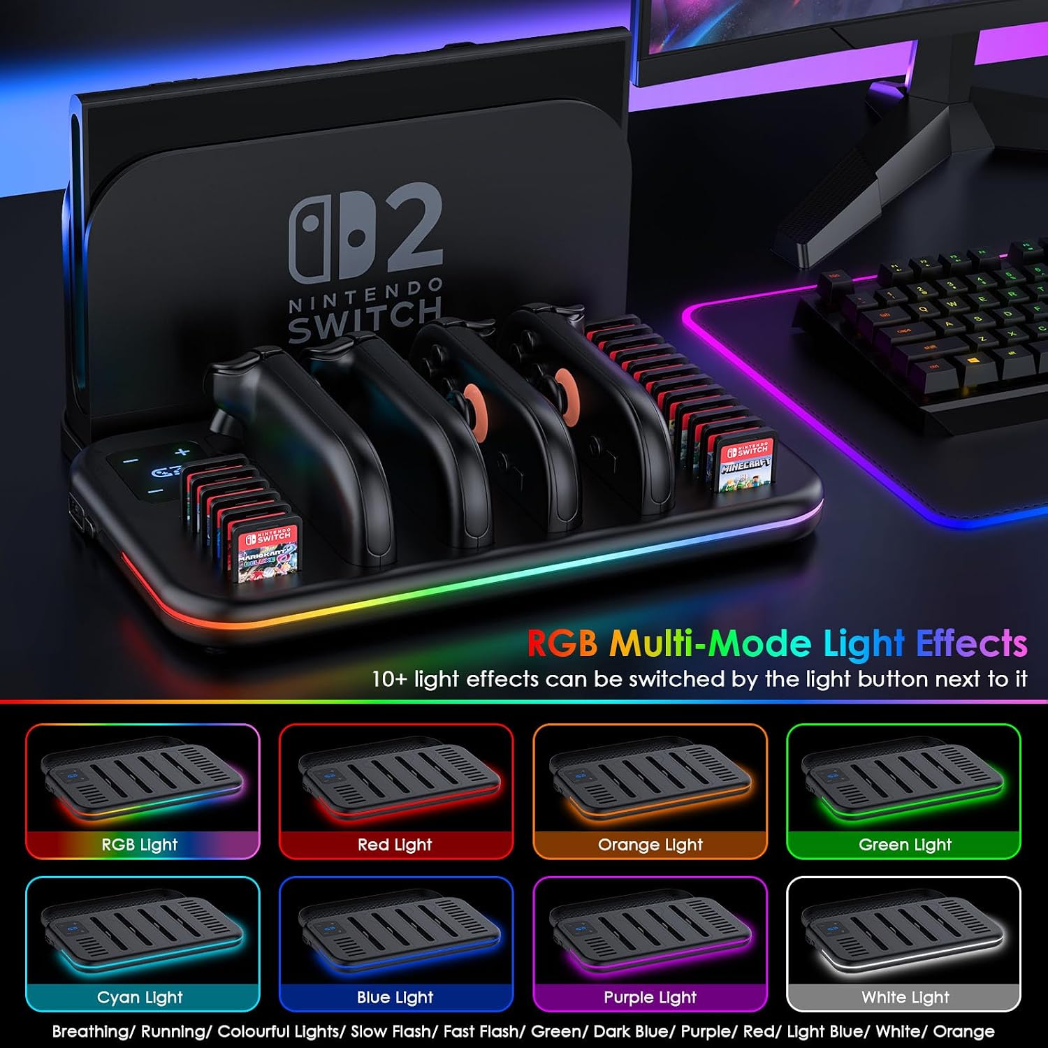 Thumbnail 1 de Charging Dock for Nintendo Switch 2 Joy Con: RGB Docking Station with 18 Game Card Slots