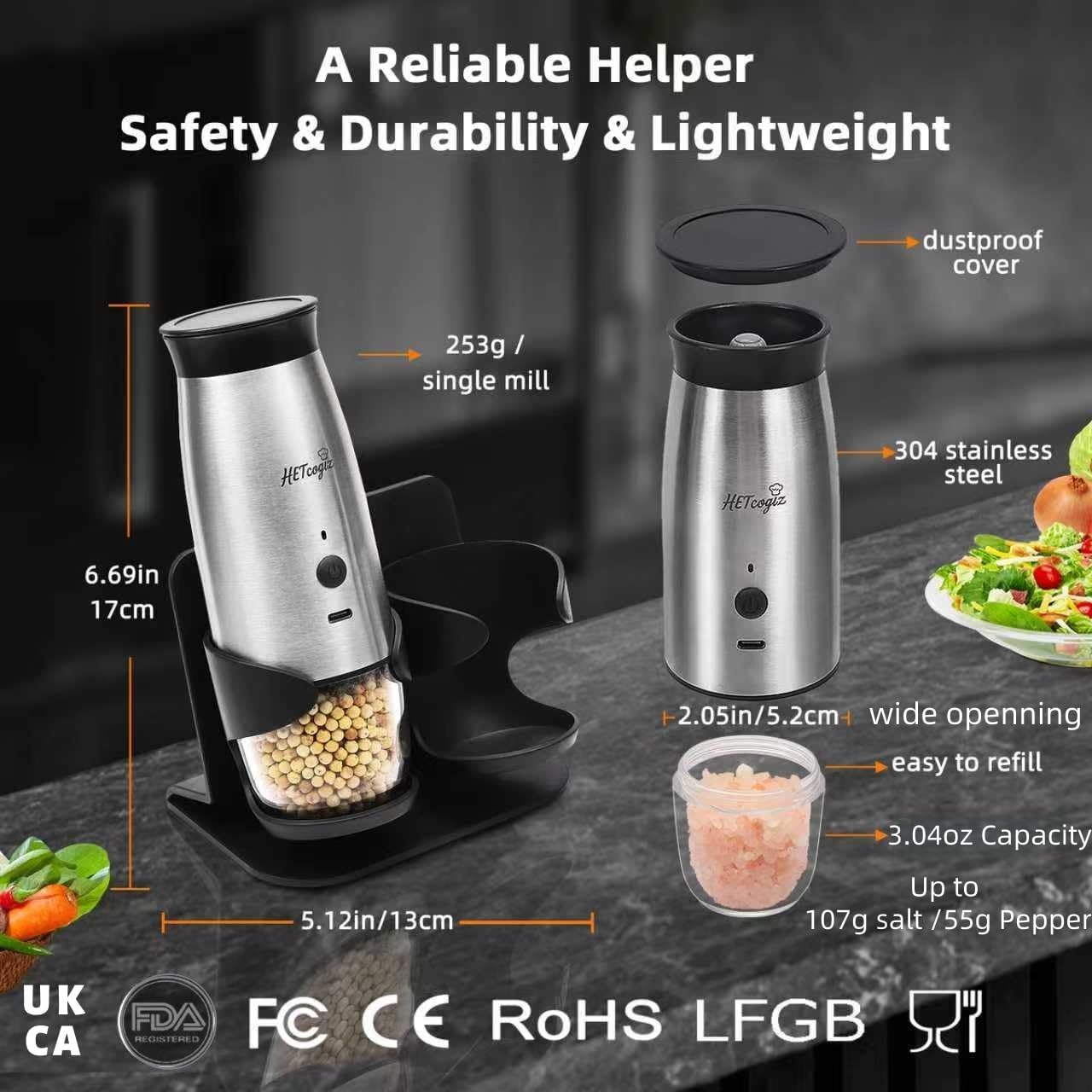 Detalle de Electric Salt and Pepper Grinder Set (2 Pack) with Safe Storage Base, LED & Adjustable Coarseness