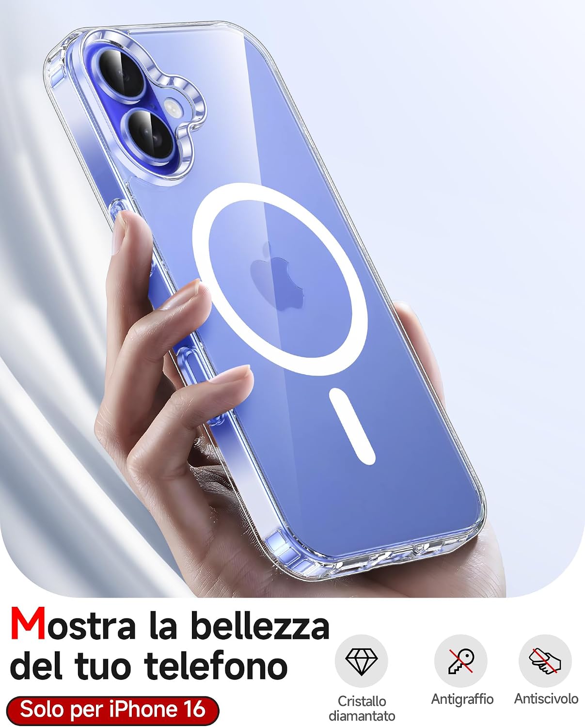 Detalle de LeYi Cover Magnetica Trasparente per iPhone 16 con 2 Vetri Temperati – Compatibile MagSafe