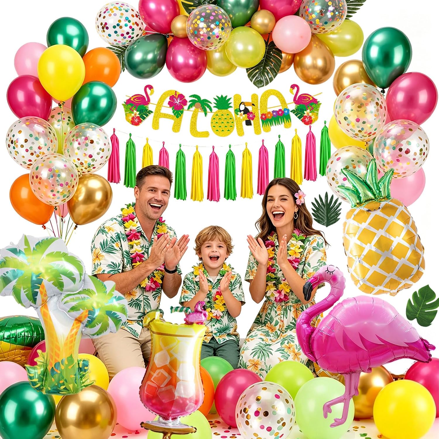 Detalle de Hawaii Party Deko Set – Tropische Ballon Girlande mit Flamingo, Ananas und Aloha Banner