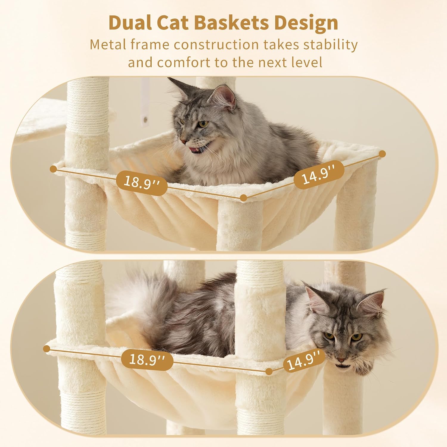Detalle de Heybly Cat Tree, 180 cm Tall Cat Tower for Large Maine Coon Cats with Extra-Large Baseboard in Beige (HCT037M)
