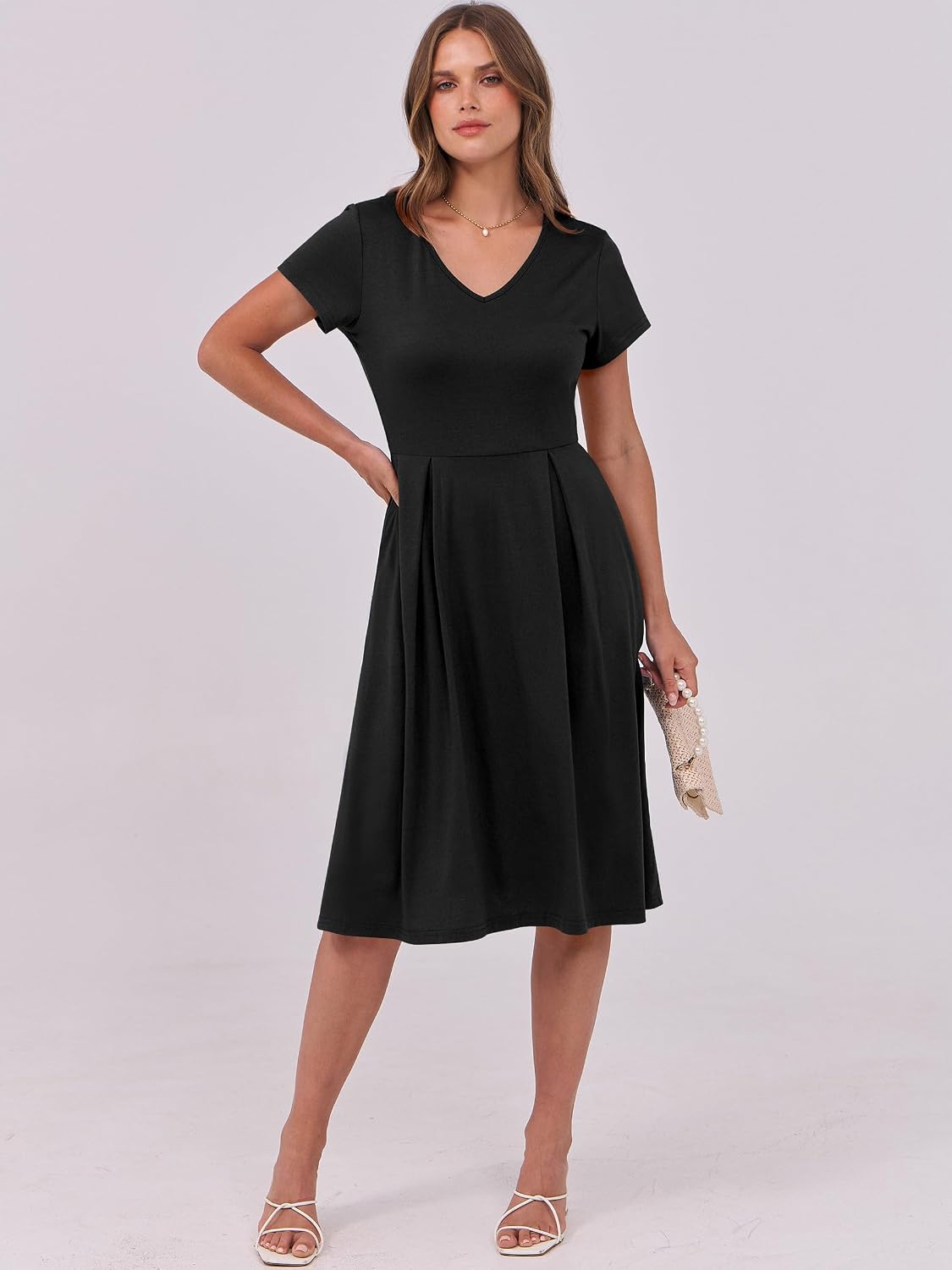 Detalle de ANRABESS Women Summer Dress: V-Neck Midi with Pockets, Pleated A-Line Comfort