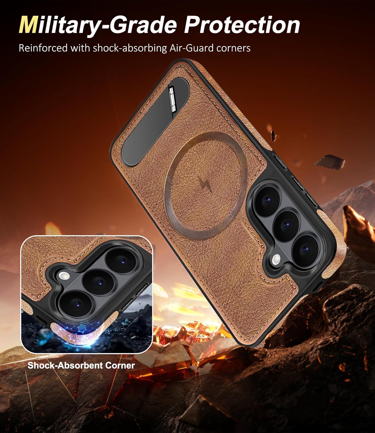 Thumbnail 3 de Fingic Galaxy S26 Case with Magnetic Compatibility, Leather Kickstand & Screen Protector (Brown, 6.3 inch)