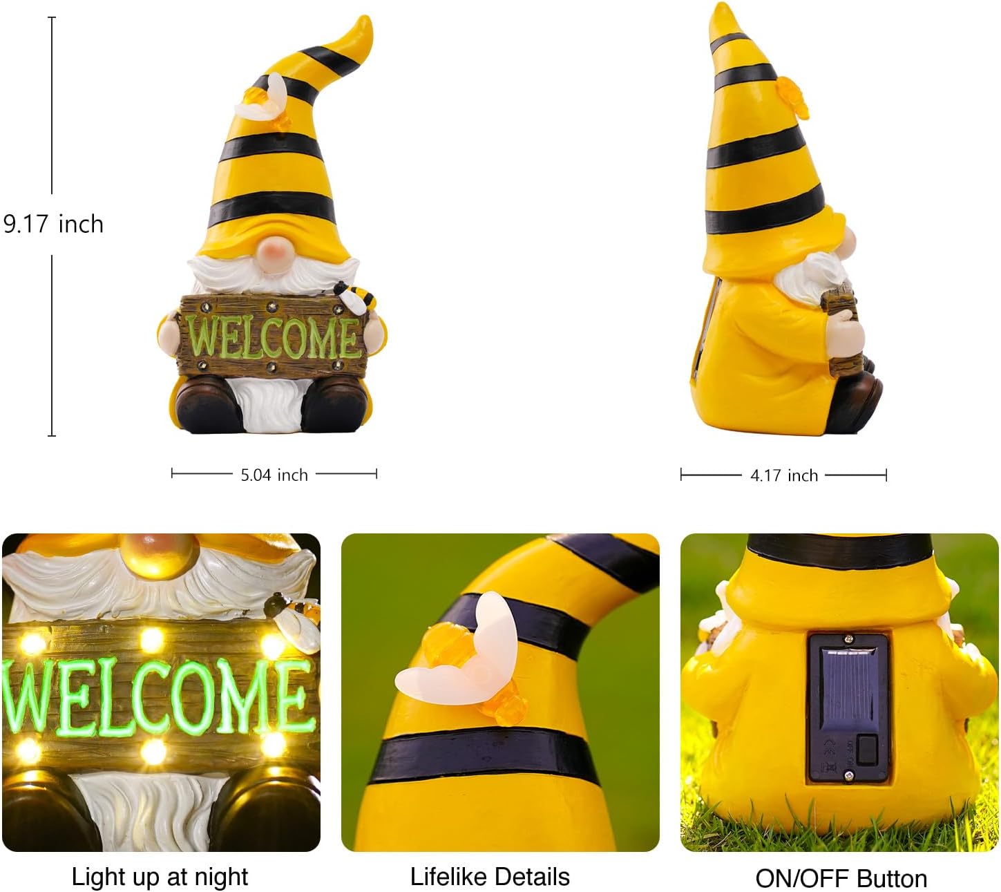 Detalle 1 de Goodeco Solar Yellow Bee Gnome Statue