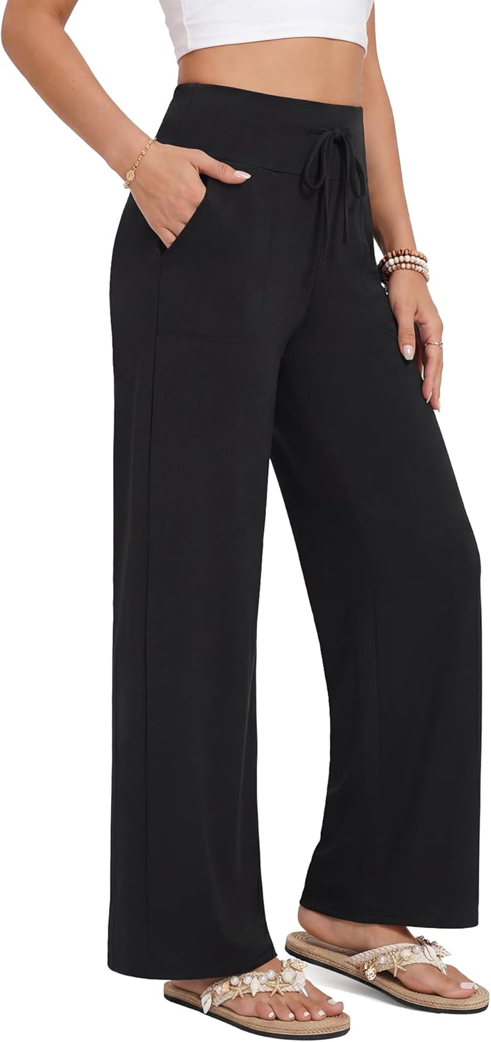 Detalle de ZOOSIXX Capri Pants for Women – Wide Leg Loose Casual Trousers with Pockets, High-Waisted Drawstring Summer Pant