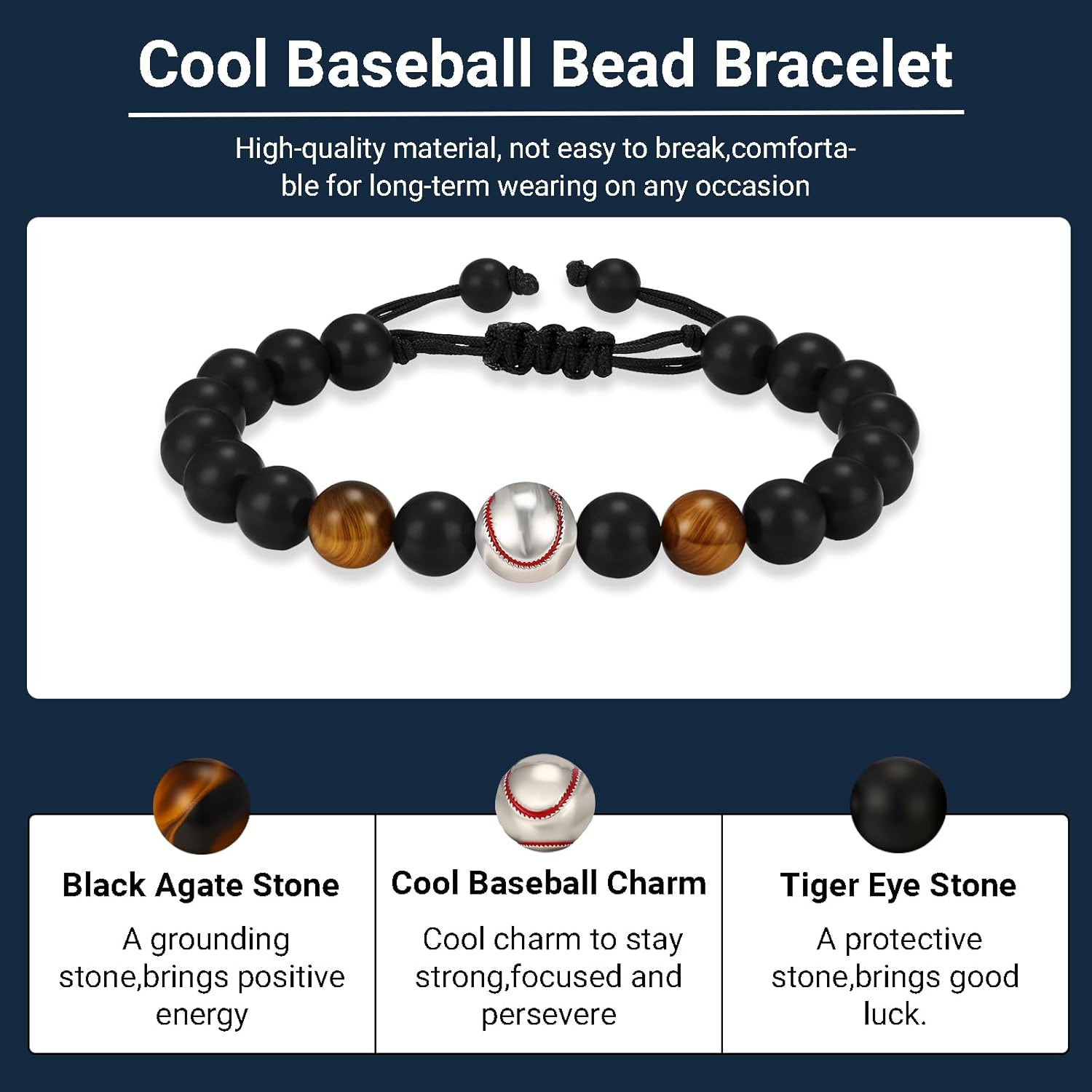 Detalle de Esmoly Bracciale Uomo Pietre Naturali – Regolabile con Agata Nera e Occhio di Tigre