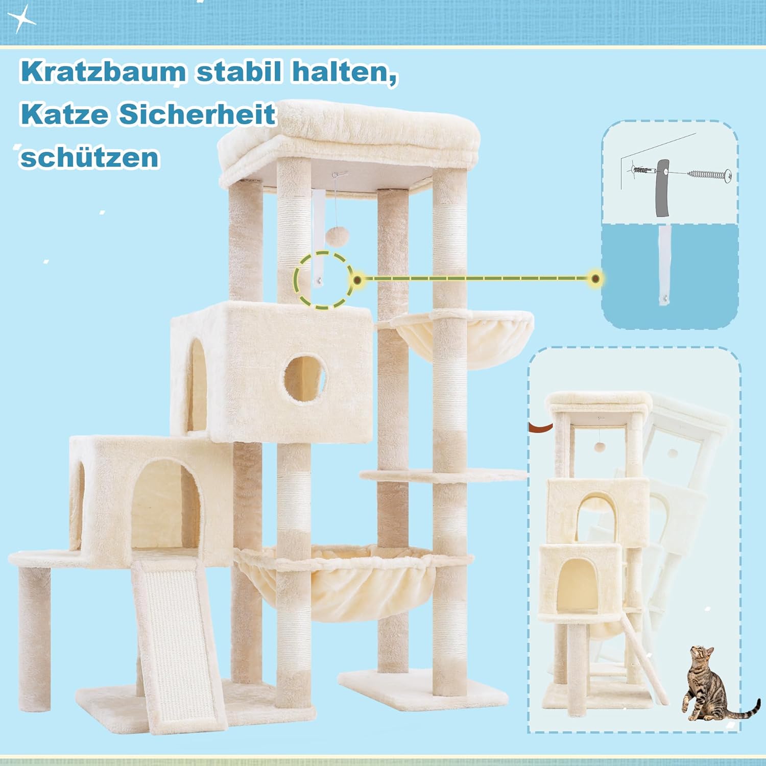 Thumbnail 6 de Hey-brother Kratzbaum mit Plattformen & Treppenstruktur, 127 cm – 2 Höhlen, große Hängematte, Sisal