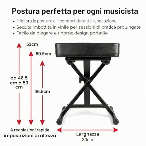 Detalle de RockJam Panca Pianoforte Regolabile: sgabello imbottito, design pieghevole e supporto stabile