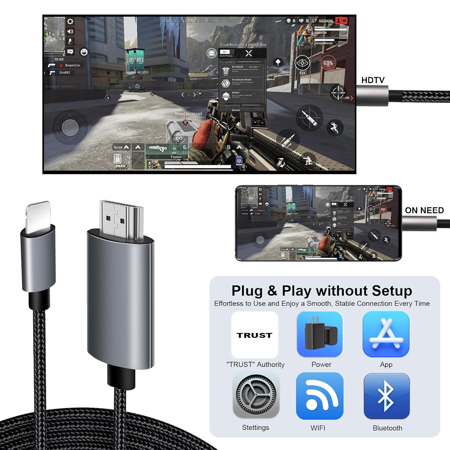 Thumbnail 2 de APKLVSR Câble HDMI Lightning vers TV – 2 m, 1080p, Plug & Play pour iPhone et iPad