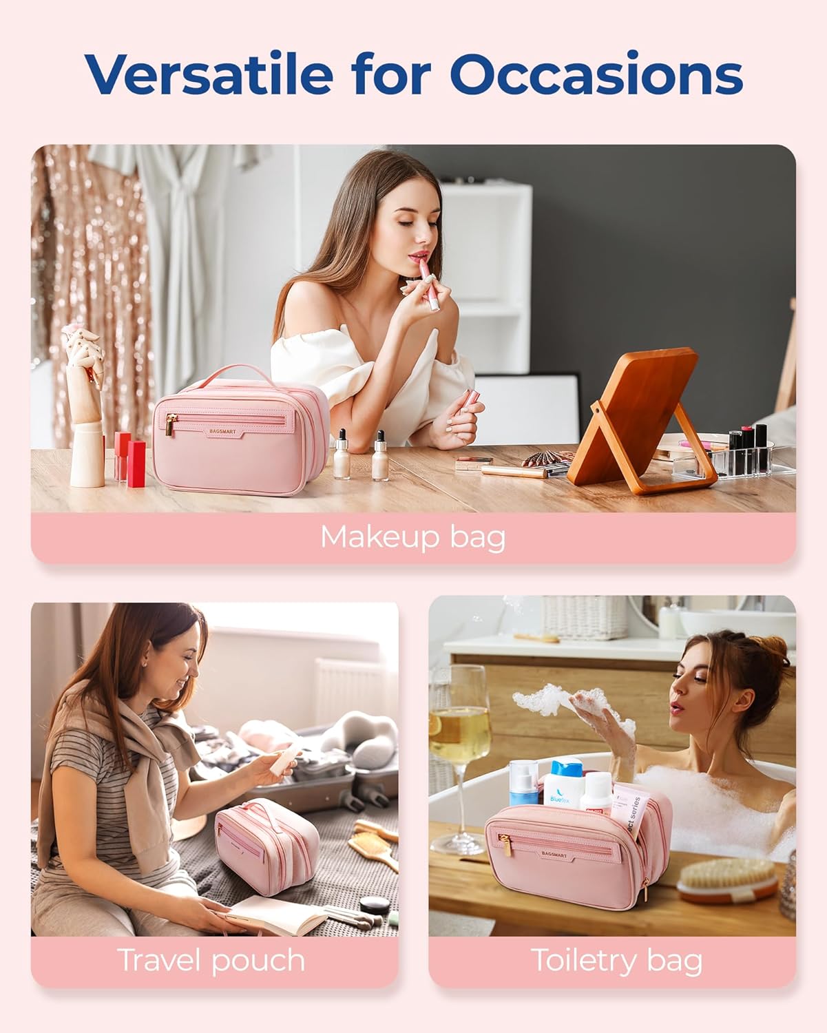 Thumbnail 3 de BAGSMART Travel Makeup Bag Large Capacity – Wide-Open, Pink