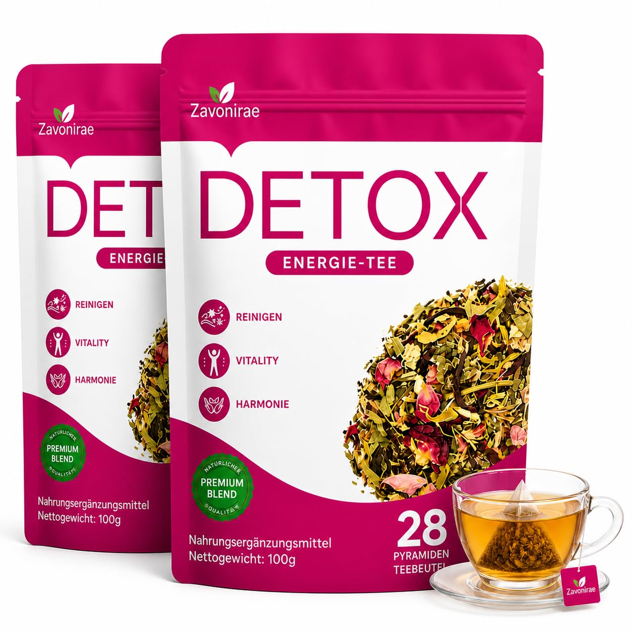 Detalle de Detox Tee zum Abnehmen – 56 Tage Abnehmentee mit Grüntee, Oolong, Löwenzahn & Rosen, fruchtiger Pfirsichgeschmack