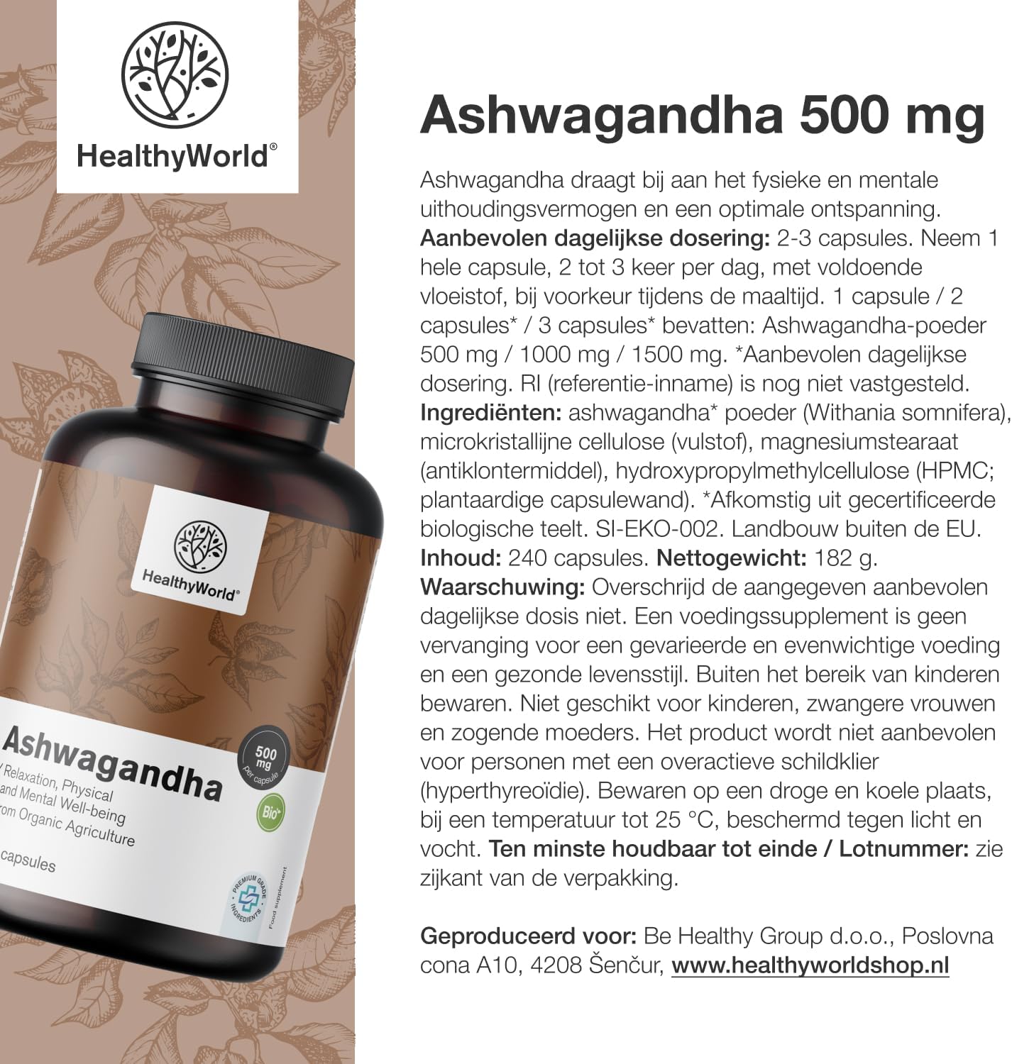 Thumbnail 6 de HealthyWorld Ashwagandha 500 mg, 240 plantaardige capsules