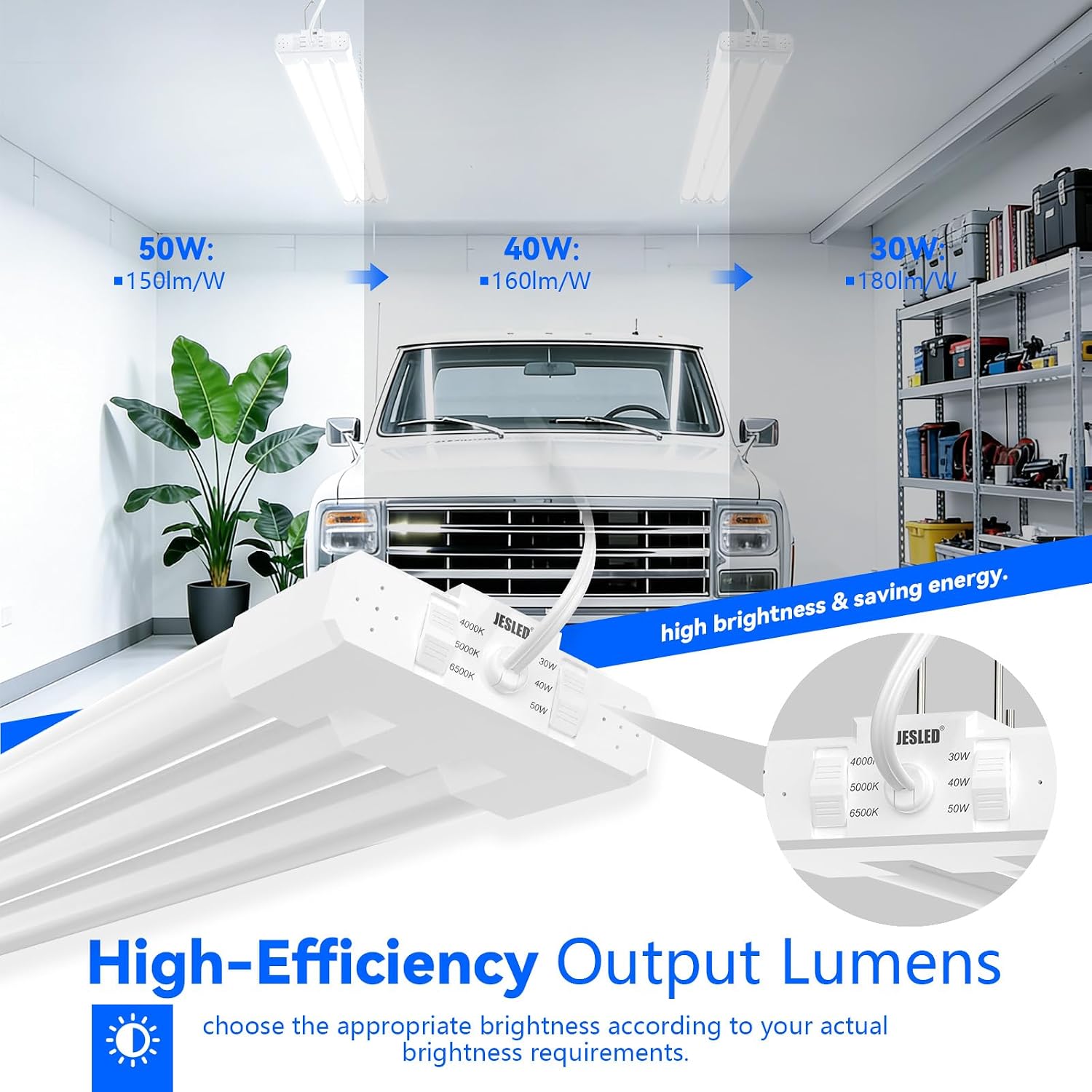 Detalle 2 de JESLED LED Shop Light 4 ft, 3CCT and 3 selectable wattages, 7,500 lm