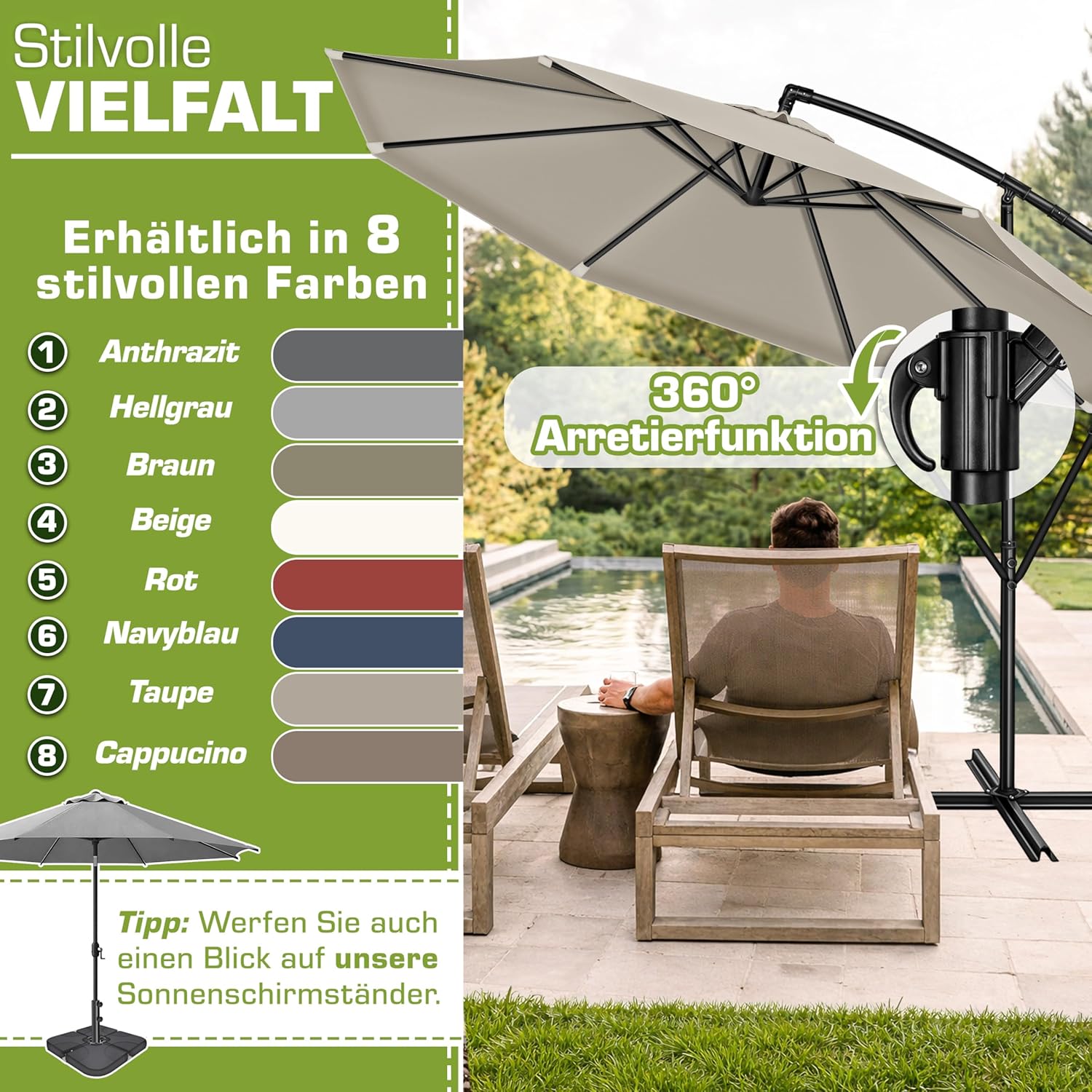 Thumbnail 4 de tillvex Alu Sonnenschirm 3 m Ø mit Kurbel und Abdeckung – Ampelschirm mit Ständer, Windschutz und 360° Drehung