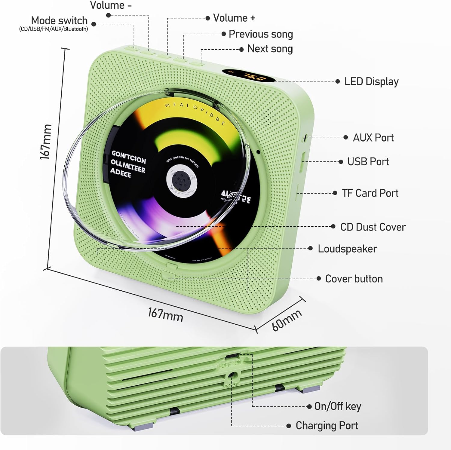 Thumbnail 6 de ZYOKATA Desktop CD Player with Bluetooth 5.1, Stereo Speakers, FM Radio, Green