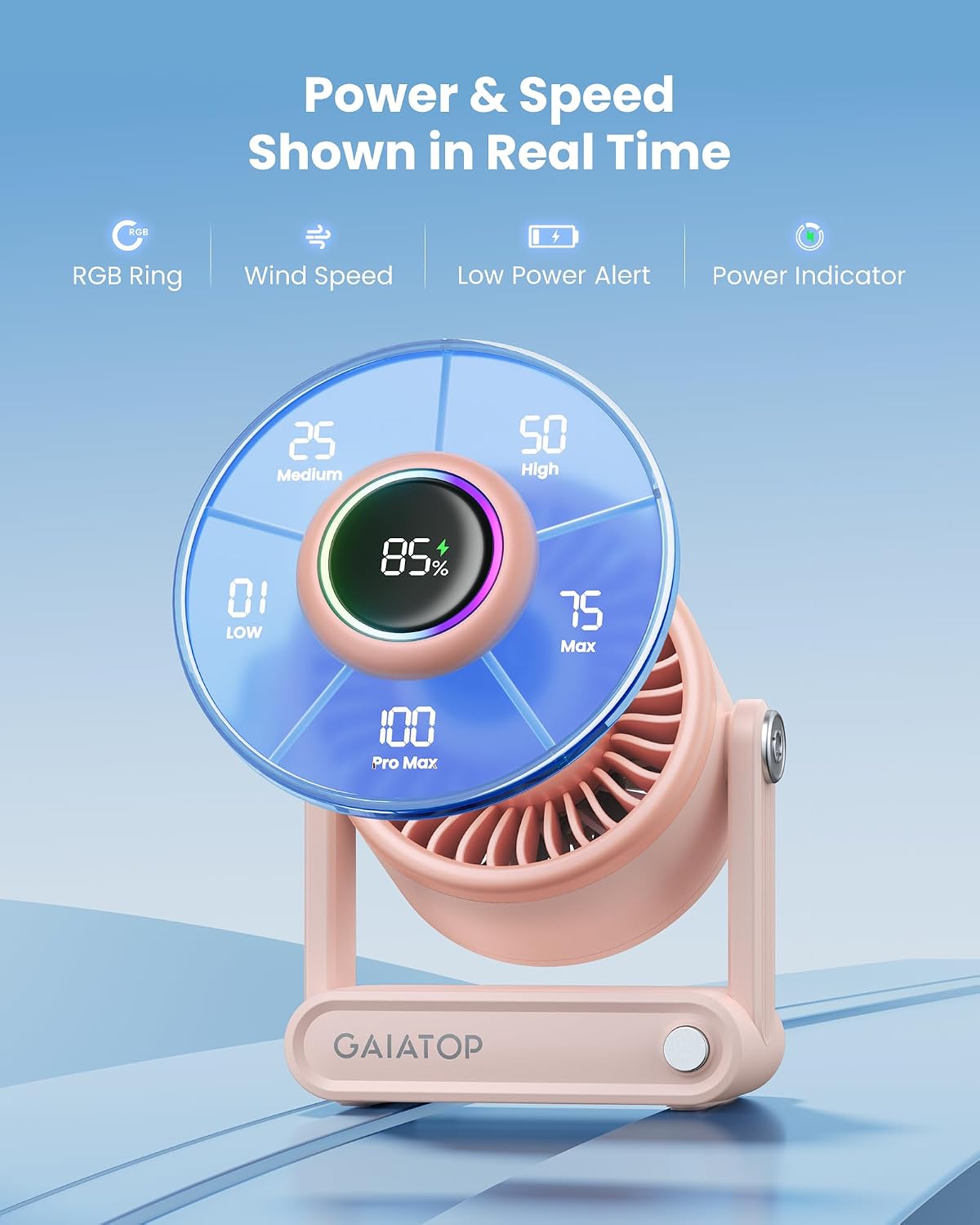 Thumbnail 6 de Gaiatop Rechargeable Desk Fan with Power Bank and RGB Ring — 6000mAh, Quiet 5-Speed