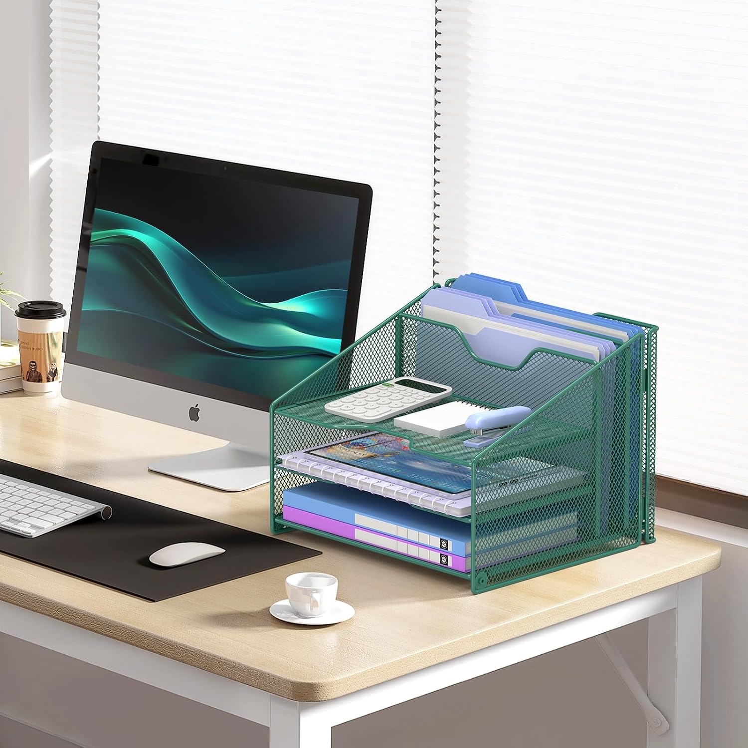Detalle 2 de Samstar SS-00148 Green Mesh Desk File Organizer with 3 Trays and 2 Upright Sections