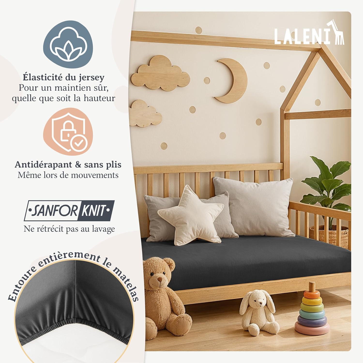 Thumbnail 3 de Laleni Basic Drap-housse bébé 50x89 cm en 100% coton respirant, lot de 1 – anthracite, certifié Oeko-TEX 100