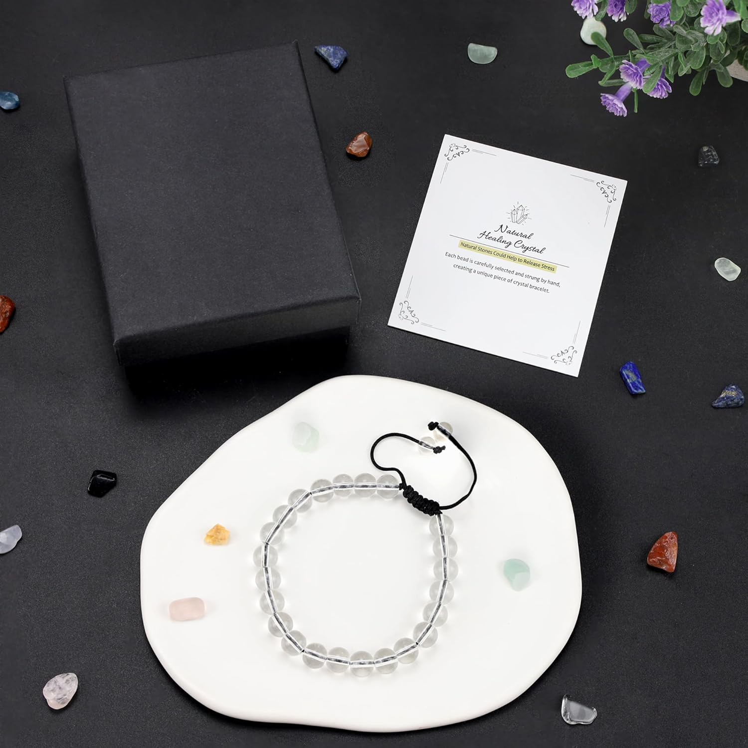 Detalle de AWARDSEN Healing Crystal Bracelet for Women – 8mm Clear Quartz Beads, Adjustable Macrame