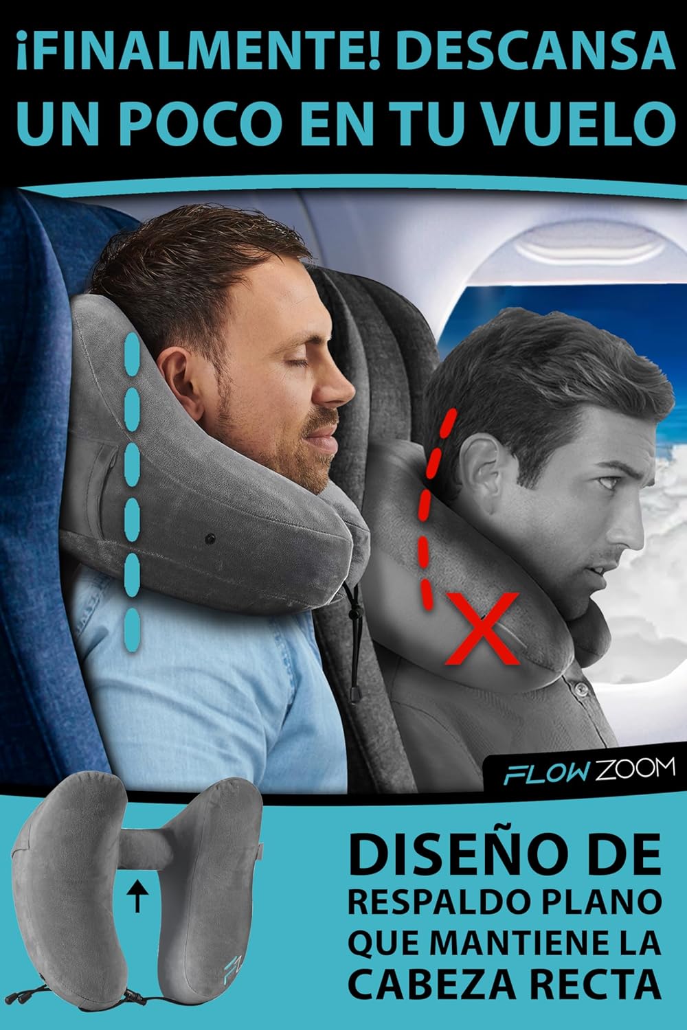 Detalle 2 de FLOWZOOM Almohada de Viaje Hinchable – Cojín de Cuello con Capucha