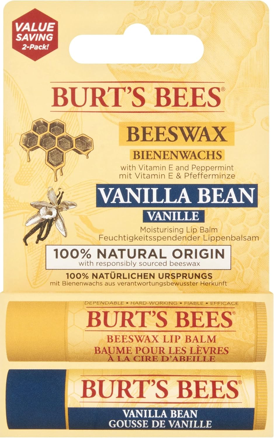 Burt's Bees Pack de 2 baumes à lèvres à cire d'abeille et vanille – 2 × 4,25 g