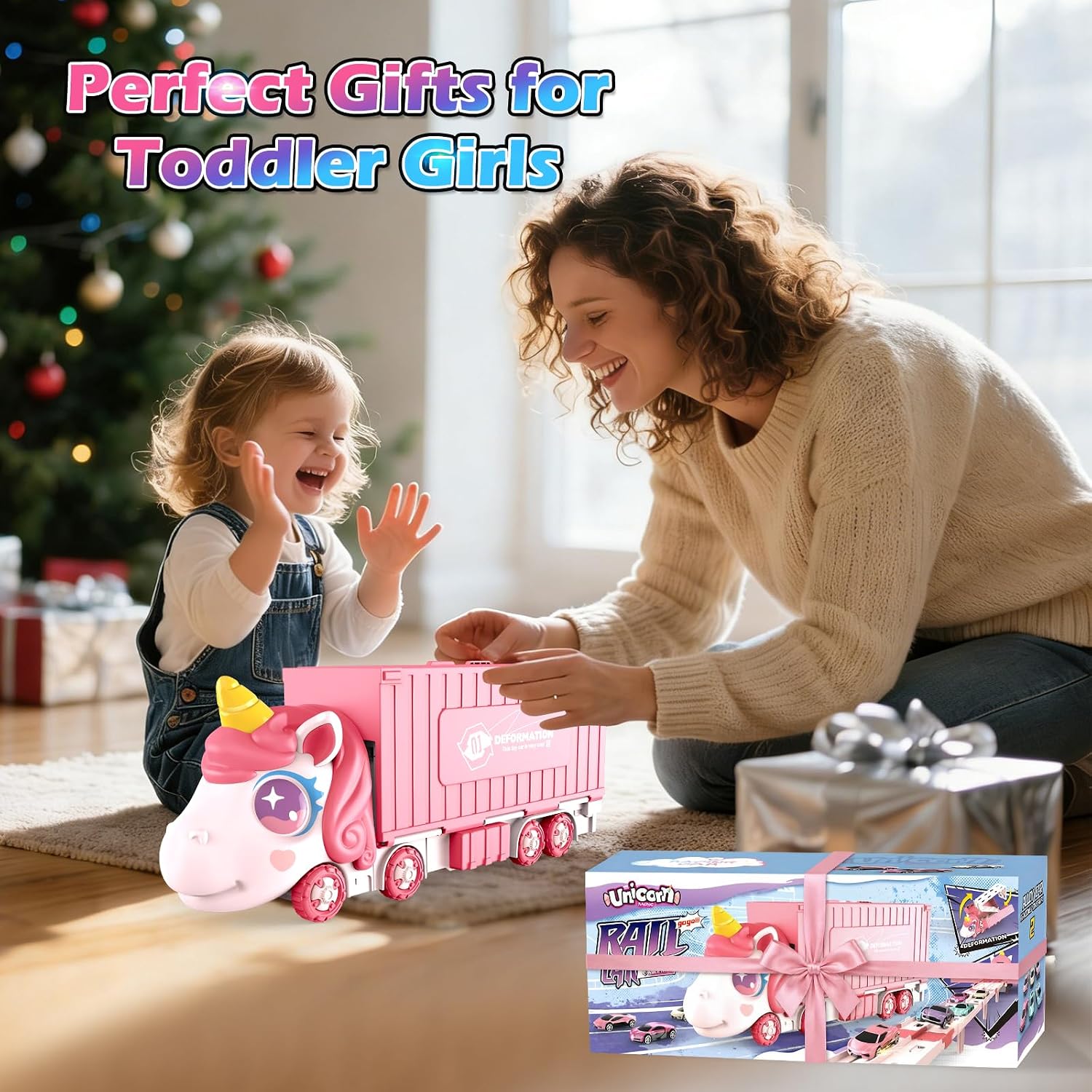 Detalle de RUIDYA Unicorn Transport Truck Toy with Foldable 160cm Race Track and 6 Die-Cast Cars